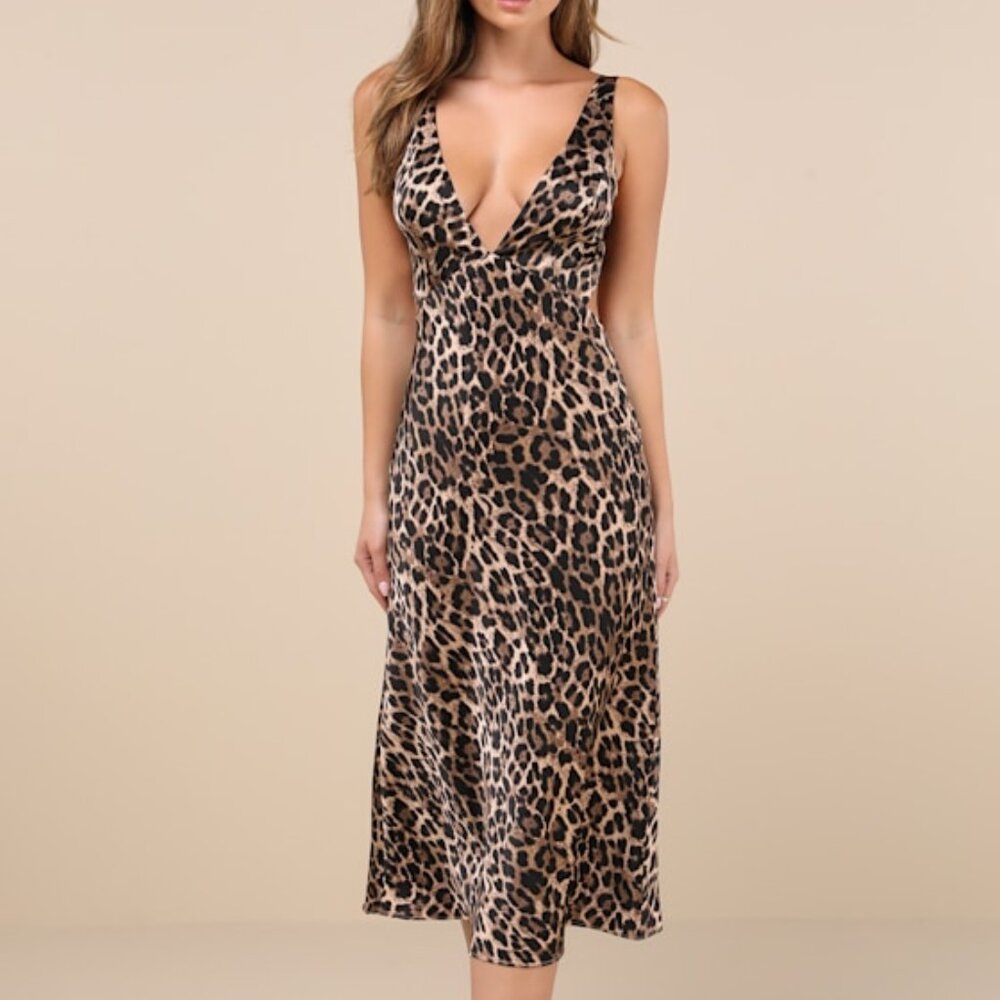 Lulus Unmatched Elegance Tan Leopard Satin Sleeveless Midi Dress Brown - Size S